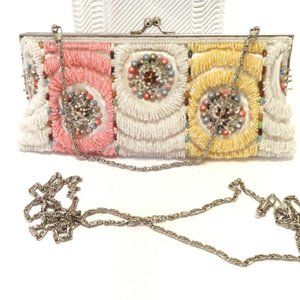 WHITE BEADED CLUTCH/SHOULDER BAG/CROSS BODY-W/ 2 CHAINS -NEW, EXCELLENT